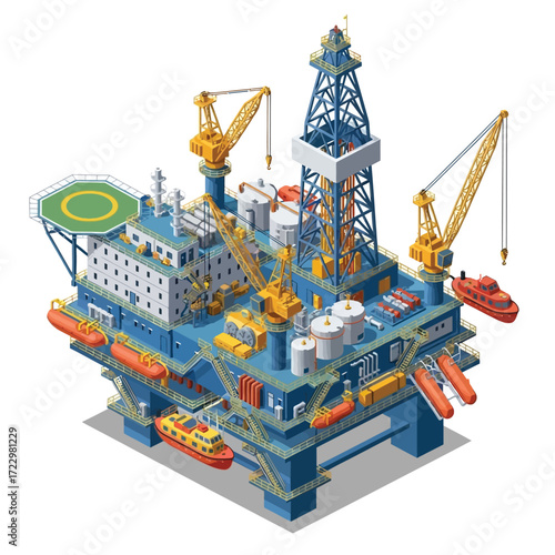 Industrial oil rig platform with cranes and helipad, isometric illustration of offshore drilling operation