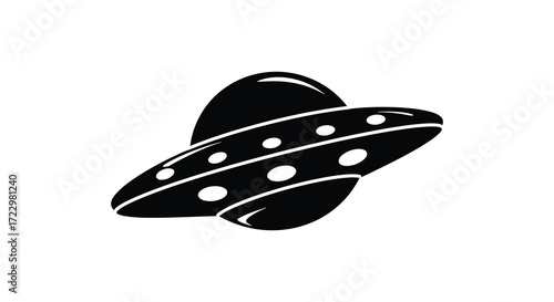 A simple black illustration of a classic flying saucer silhouette