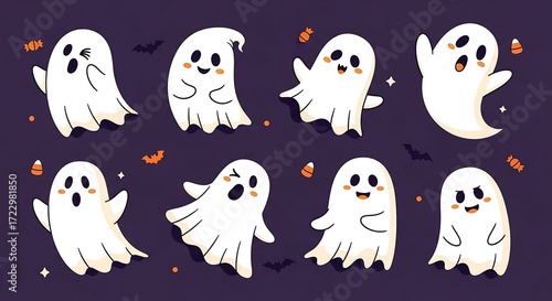 Cute cartoon ghosts collection on purple background, halloween concept art