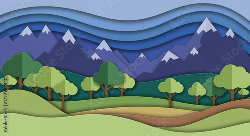 Lush green trees in a vibrant paper cut style landscape.