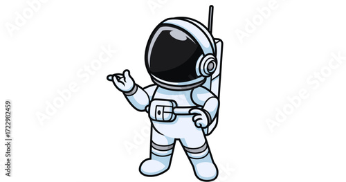 A vector illustration of a fun cartoon boy with a smile on his helmet, actively snowboarding in an astronaut suit