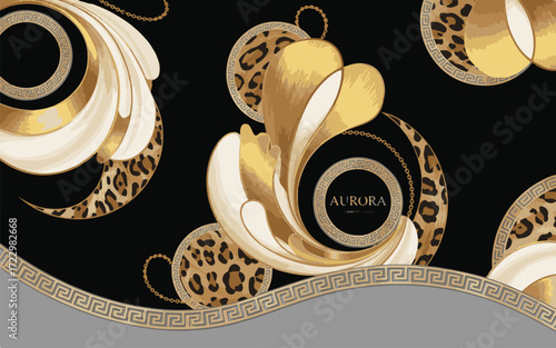 Luxurious Black Background with Gold Baroque Swirls Leopard Print and Greek Key Border luxury