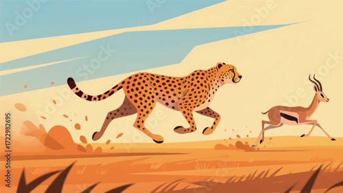 Illustration Of A Cheetah Running Fast After A Gazelle In An Open Savanna With Dust Flying Vector Design Template