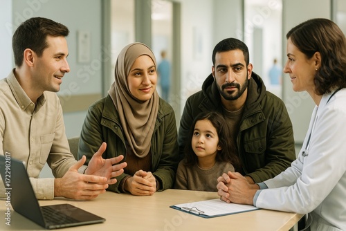 Multicultural family with child having medical consultation with doctor and interpreter in modern clinic setting with soft light background. Ai generative