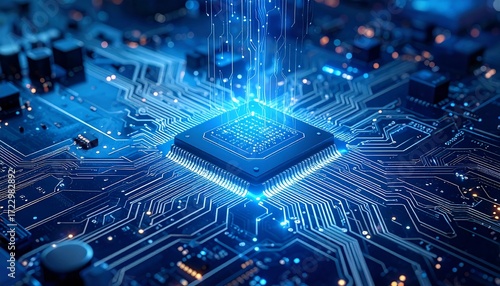 A glowing computer chip emits beams, depicting technology, processing power, and electronic circuitry against a blue-toned, futuristic background