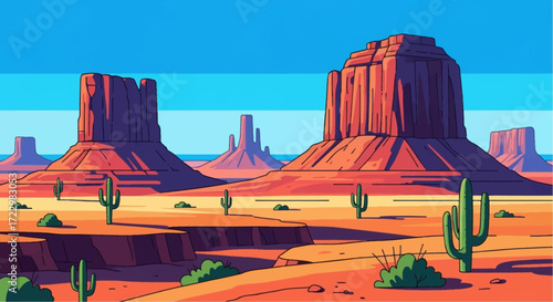 Majestic Desert Buttes and Cacti Under a Clear Sky.