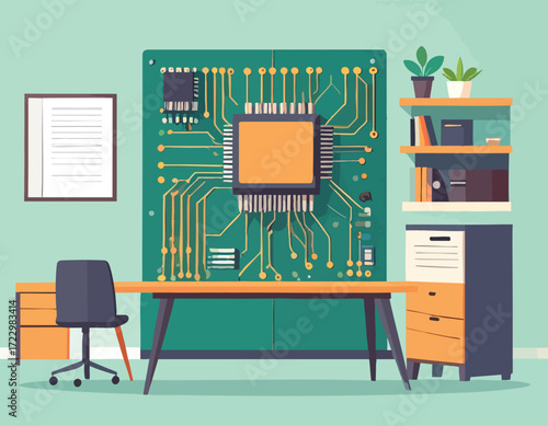 Modern office interior showcasing a large wall-mounted circuit board with a central neuromorphic chip, symbolizing advanced computing
