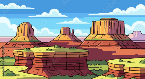 Majestic desert mesas and buttes under a clear sky.