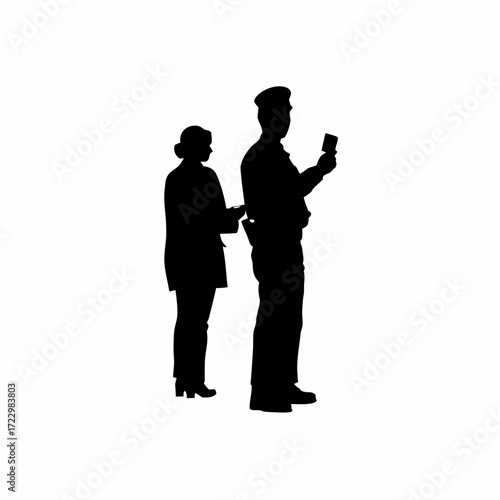 Parole officer examining parolee id card silhouette