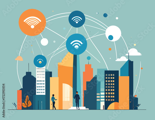 Abstract illustration of a city with buildings, people, and wireless symbols, representing digital connectivity, information exchange, and integration with the neuromorphic chip technology