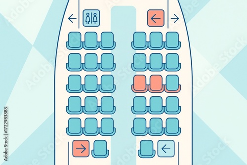 Airplane seating layout with highlighted seats near restroom and exit signs in simplified graphic style on light geometric background. Ai generative