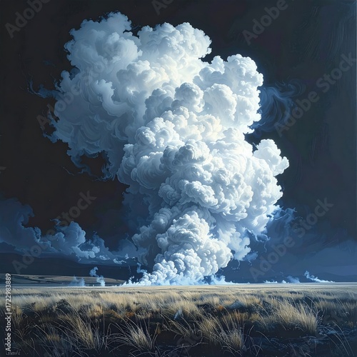 Vast, white cloud erupts over a field