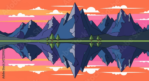 Majestic mountain range reflected in a calm lake at sunset.