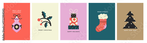 Merry Christmas posters set. Xmas cards with festive greeting typography. Winter holiday postcard designs with New Year gifts, noel sock, bauble, ornament and fir tree. Flat vector illustration set