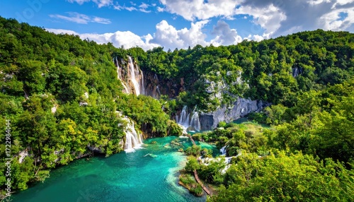 Lush green forest surrounds turquoise waterfalls