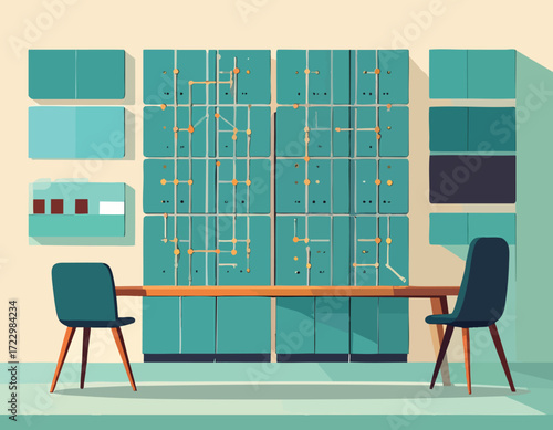 Conceptual artwork of a next-generation computing laboratory featuring a large-scale neuromorphic chip architecture on a wall
