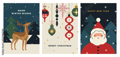 Merry Christmas and Happy New Year cards set. Festive Xmas posters with greeting typography. Winter holiday postcard designs with reindeer, baubles, Santa Claus and fir trees. Flat vector illustration