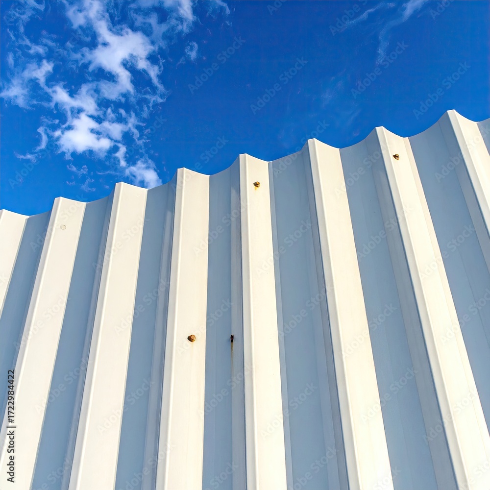 Obraz premium White corrugated metal wall against a vivid blue sky with scattered clouds