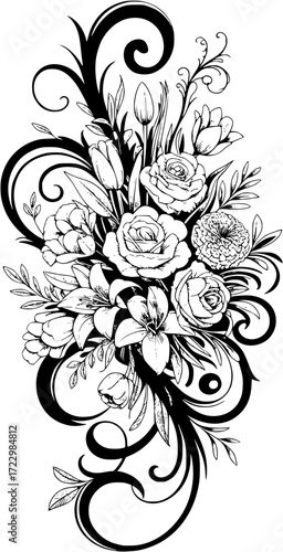 Detailed floral arrangement with roses, lilies, and tulips in black and white line art style