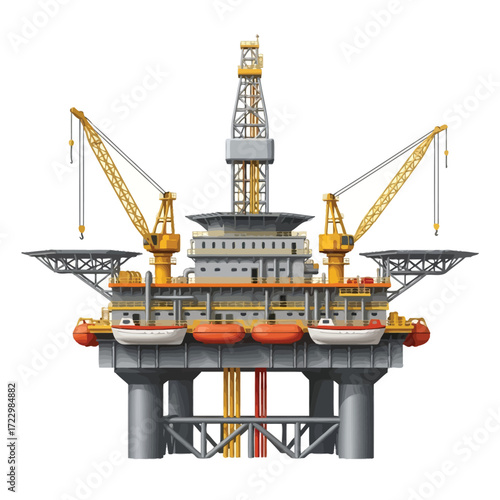 Detailed vector illustration of an offshore oil drilling rig, a semi-submersible sea platform for fossil fuel extraction and production