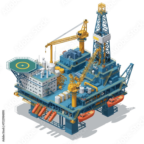 Detailed isometric vector illustration of an offshore oil and gas production platform for fossil fuel exploration