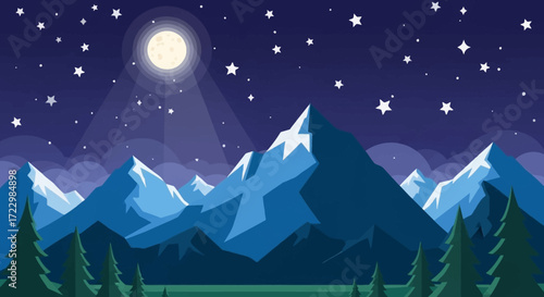 Majestic snow-capped mountains under a starry night sky with a full moon.
