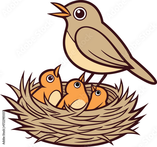 Cartoon Illustration Bird Mother with Three Nestlings in a Nest, Isolated