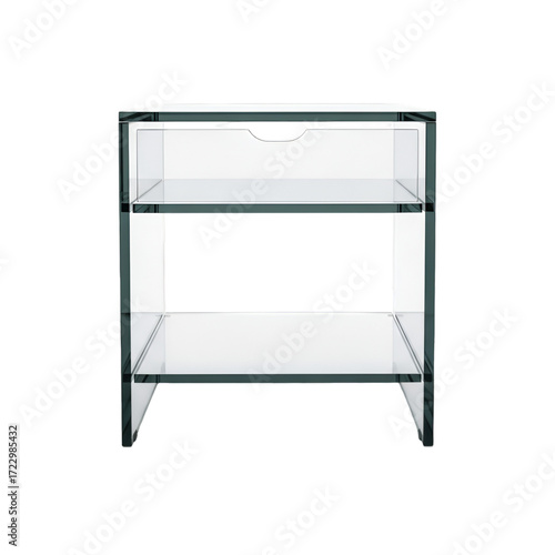 Modern clear acrylic nightstand with drawer and shelf, isolated on transparent background