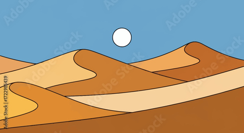 Minimalist Desert Landscape with Sand Dunes and Sun.