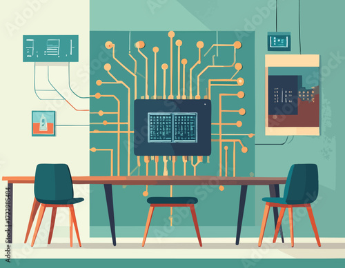Modern conference room design centered on a powerful wall-mounted neuromorphic chip, symbolizing the future of brain-inspired computing