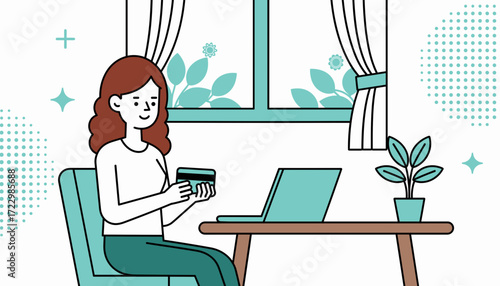 A woman happily browses the web and makes digital purchases with a credit card in a modern home office,