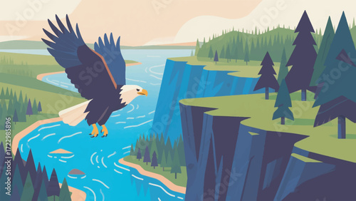 Illustration Of An Eagle Flying High Above A Steep Cliff With A River And Pine Forest In The Background Vector Design Template