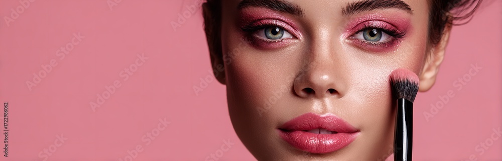 Naklejka premium Glamorous female portrait with colorful eye shadow, lipstick, and makeup brush on pink backdrop, ideal for beauty, fashion, and cosmetic promotional design