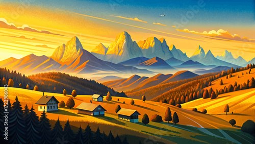 Majestic vector sunrise over Alpe di Siusi village in Dolomite Alps, Italy. Stunning autumn countryside landscape, perfect for travel posters, nature backgrounds, and scenic outdoor illustrations.
