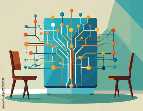 Conceptual Illustration of a Neuromorphic Chip Represented as a Network Within a Cabinet, Flanked by Chairs, Suggesting Collaborative Data Processing and Innovative Digital Solutions