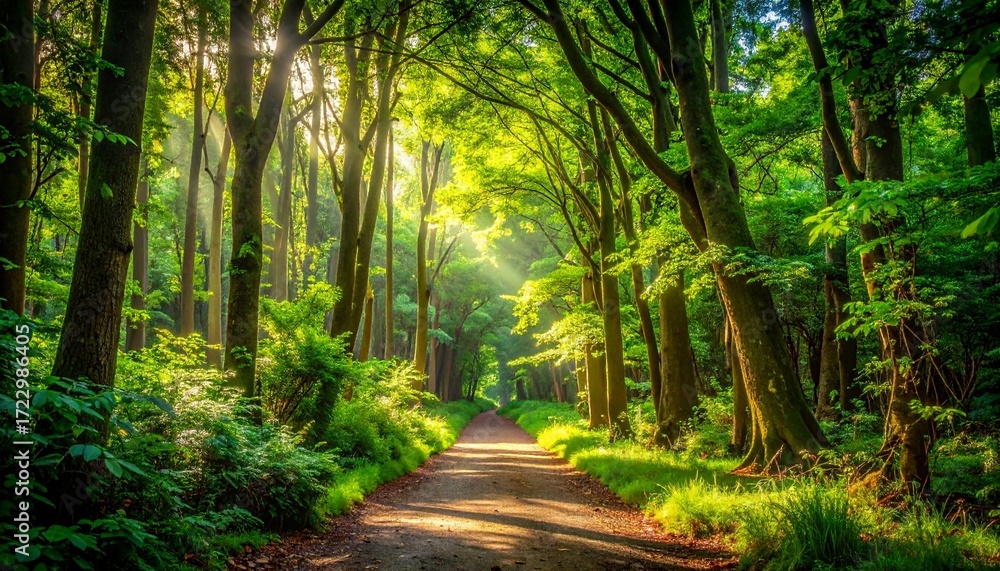 Obraz premium Sunlit forest path. Lush greenery and sunlight streaming through trees