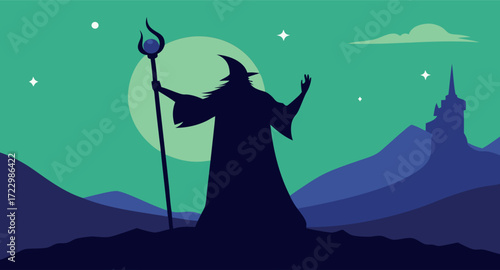 Wizard raising staff under celestial sky silhouette