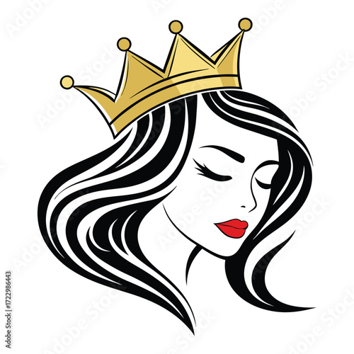 Elegant Woman with Golden Crown, Black Hair, Red Lips Fashion and Beauty Illustration