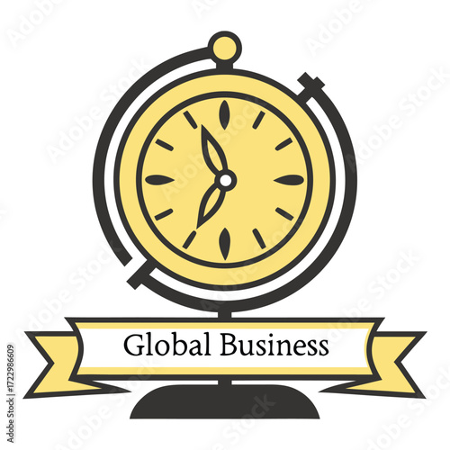 Illustrated Globe Clock with Global Business Banner for International Time Zones and Business Concepts