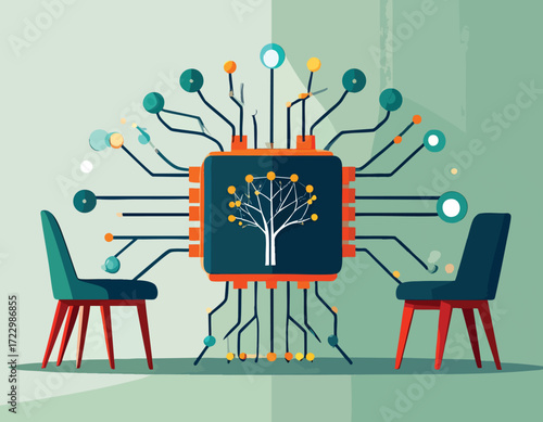 Abstract illustration of a neuromorphic chip representing a tree, with two chairs facing it, symbolizing artificial intelligence and its impact on decision-making and future innovation