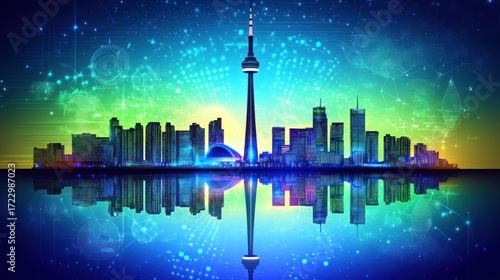 Futuristic Toronto skyline reflecting in digital water landscape