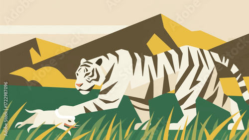 Illustration Of A Tiger Stalking Its Prey In Tall Grass With A Mountain Backdrop Vector Design Template