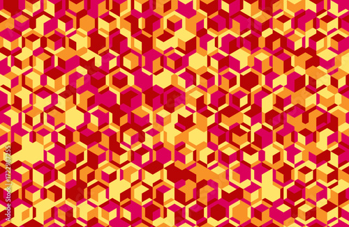 Vibrant geometric abstract background.  A dynamic interplay of red, orange, and yellow cubes creates an energetic, modern design perfect for website banners, textiles, or packaging.