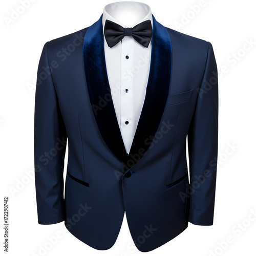 Elegant navy tuxedo with velvet lapel and bow tie for formal occasions fashion on transparent background