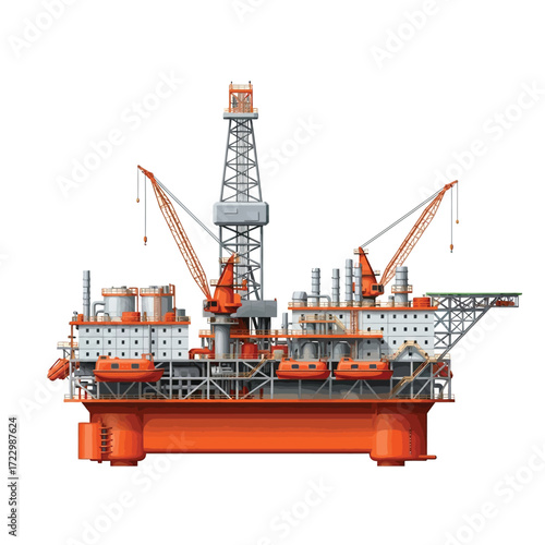 Industrial semi-submersible offshore oil rig platform for gas and petroleum exploration, detailed vector illustration