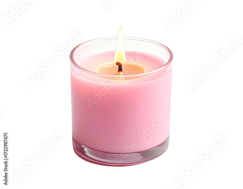 Firefly_Soft pink candle with a warm, flickering flame, white background