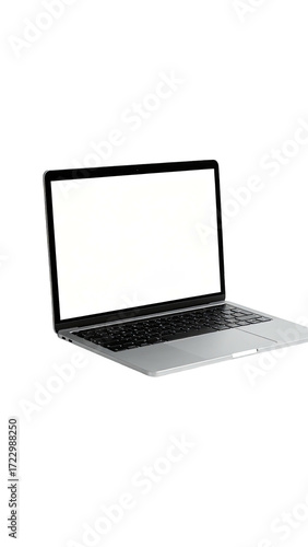 Sleek silver laptop with blank white screen, slightly angled, isolated on black background (2)