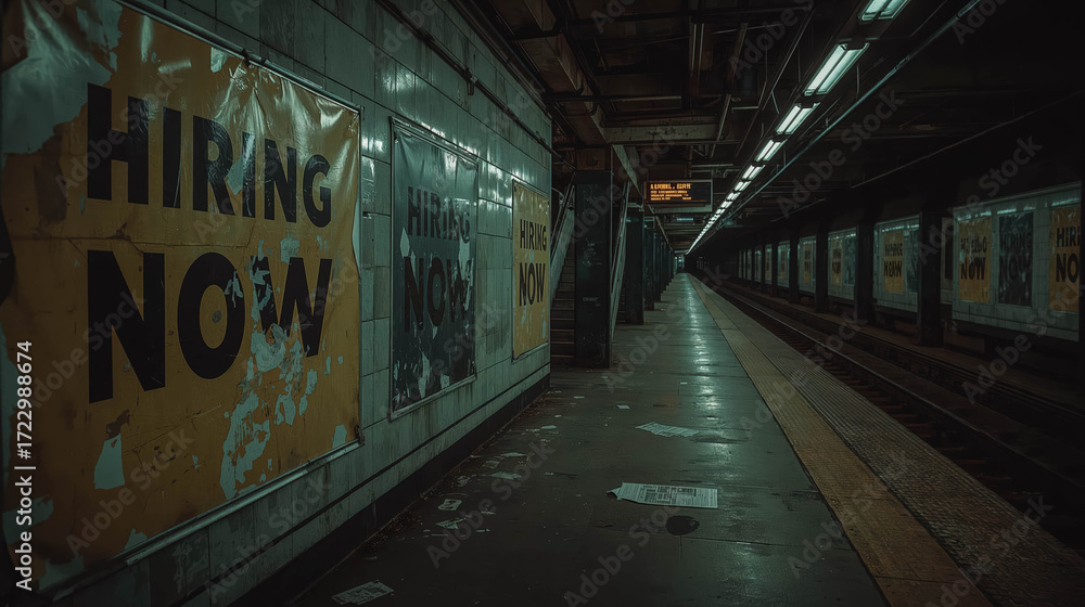 Fototapeta premium Abandoned subway station with hiring signs
