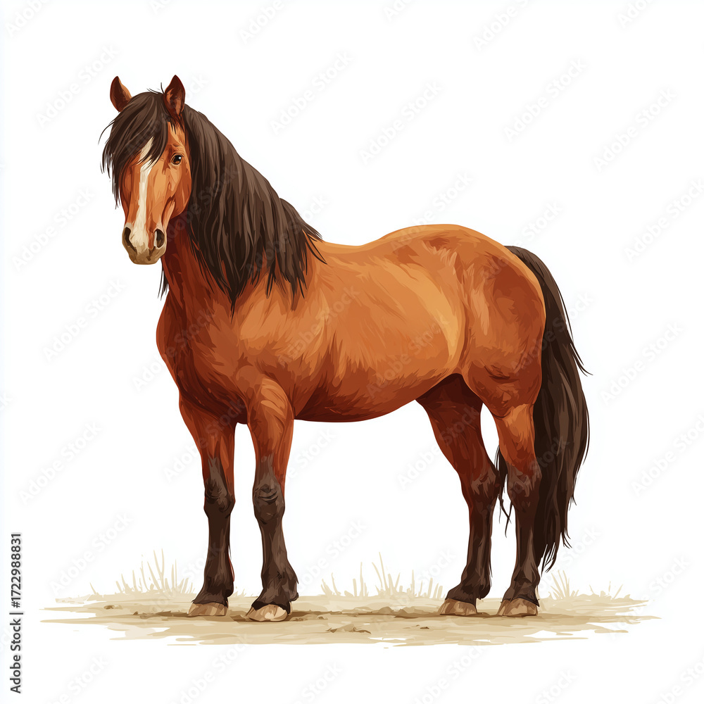 Obraz premium A detailed illustration of a sturdy brown horse with a flowing black mane, standing calmly on a light ground. Perfect for wildlife, rural, or equestrian themes in stock projects.