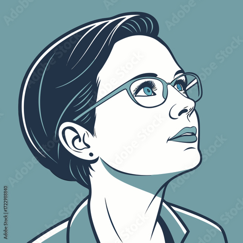 Ritratto stilizzato in stile vettoriale monocromatico di donna con occhiali che guarda verso l’alto su sfondo blu-grigio